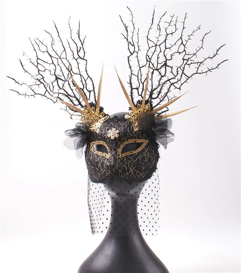 

Exaggerated big antlers branches full face mask beautiful woman fox cat veil adult stage photography props singing mask