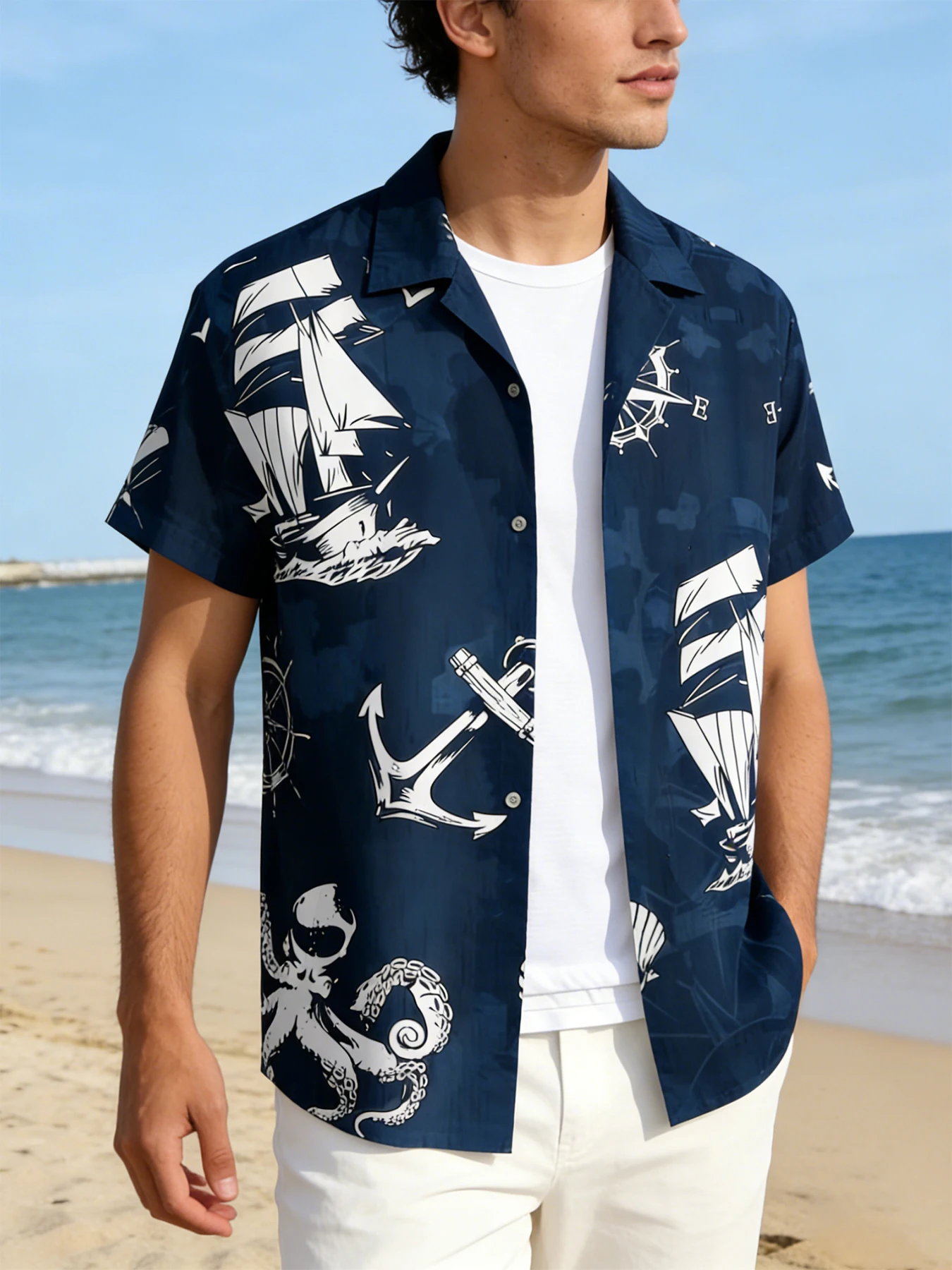 Men's Premium Nautical Print Short Sleeve Shirt, Camp Collar Button Down, Elevated Coastal & Resort Wear