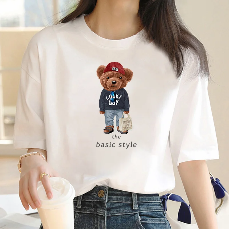 Harajuku หมีน่ารักสําหรับสตรีคุณภาพสูงฤดูร้อนพิมพ์เสื้อยืด 100% Cotton Casualขนาดใหญ่Y2k 2023 บุคลิกภาพแขนO-คอ