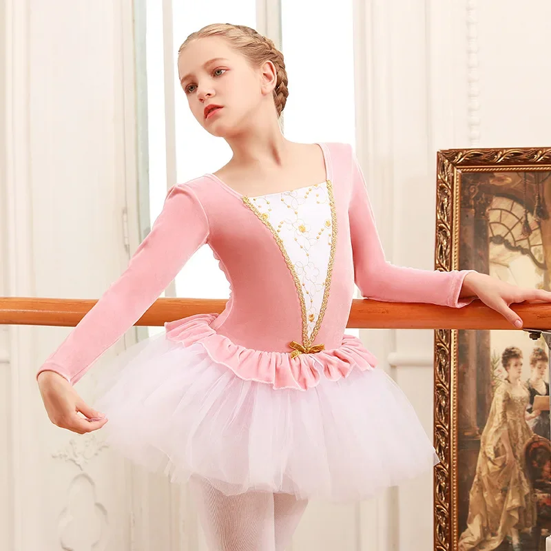 

Dance costume for children and girls in spring and autumn, long sleeved girl ballet skirt, fluffy skirt, dance skirt, practice c