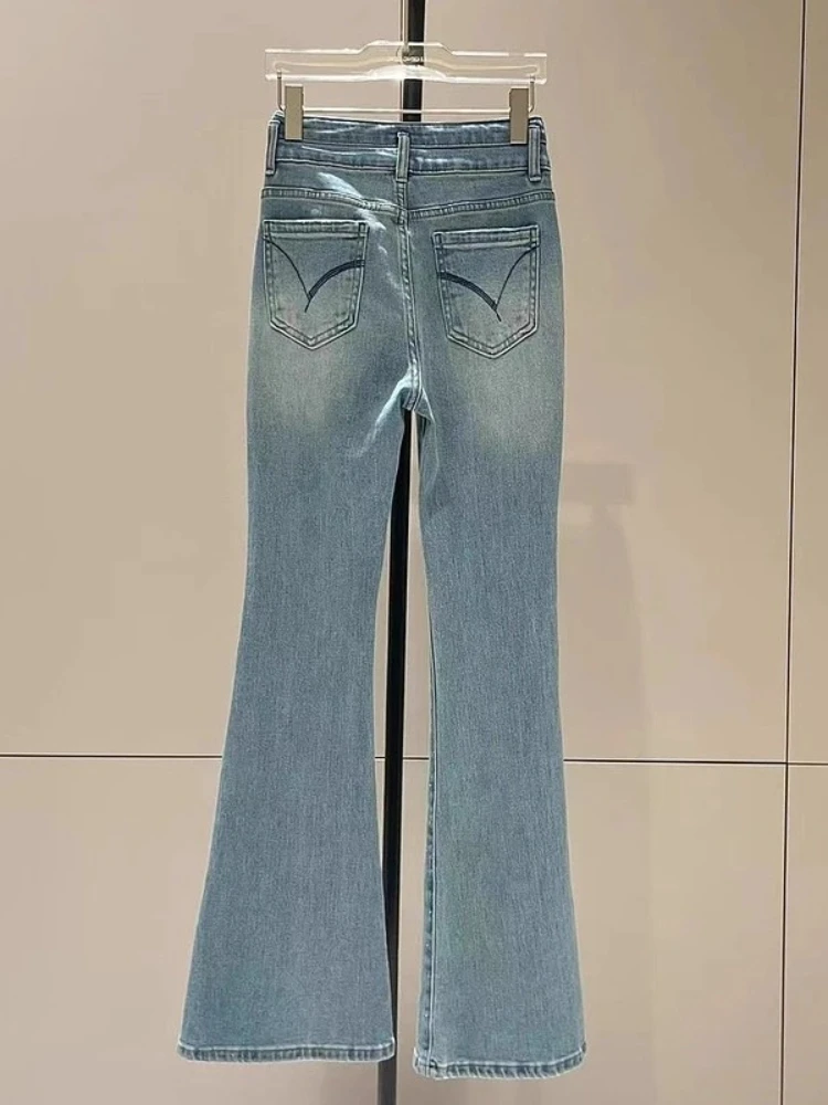 Mode Split Denim Broek 2025, Herfst Winter Nieuwe Hoge Taille Vrouwen Broek Slanke Zware Hot Diamond Elegante Flare Jeans dames