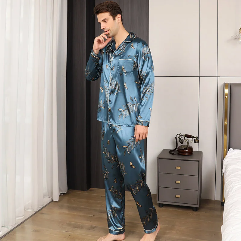 Men's pajamas long sleeves summer ice beautiful home clothes men's spring and autumn casual thin cardigan can wear out two suits