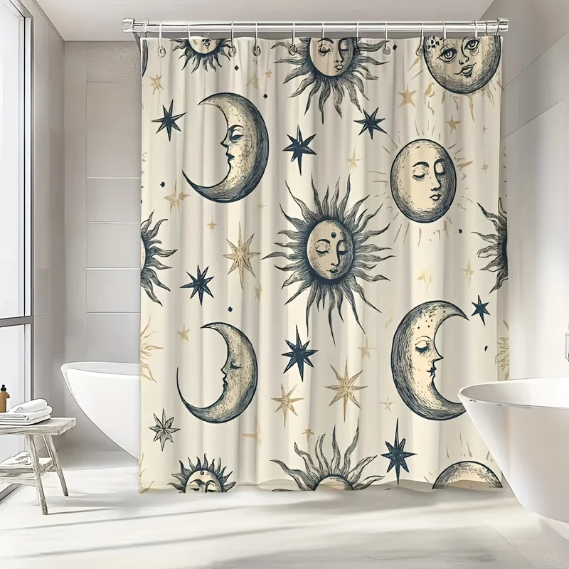 A Vintage Astrological Myth-style Shower Curtain Featuring 2D Flat Printing. The Design Centers on Anthropomorphic Celestial Ele