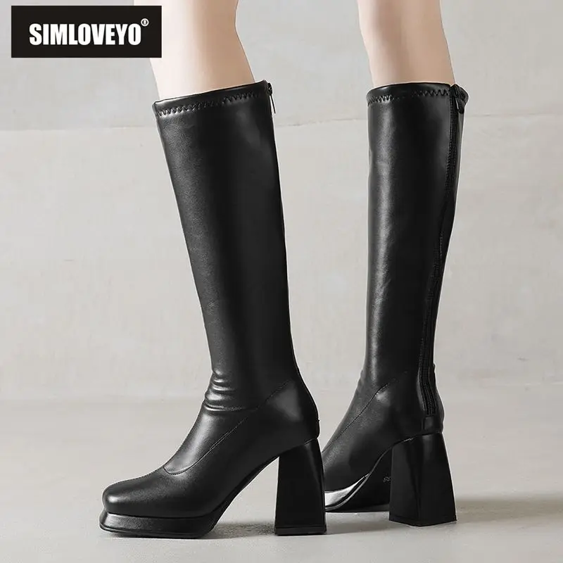 

SIMLOVEYO брендовые женские сапоги до колена с квадратным носком на блочном каблуке 9 см, на платформе с молнией сзади, большие размеры 44 45 46 Club