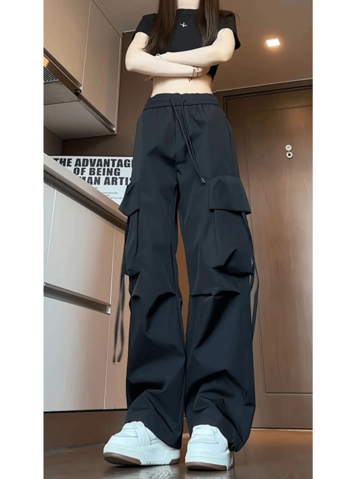 

American Style Large Pocket Black Work Pants Women's Summer Tall Extended Outdoor Quick Dry Hiking Fleece Pants Casual Trousers