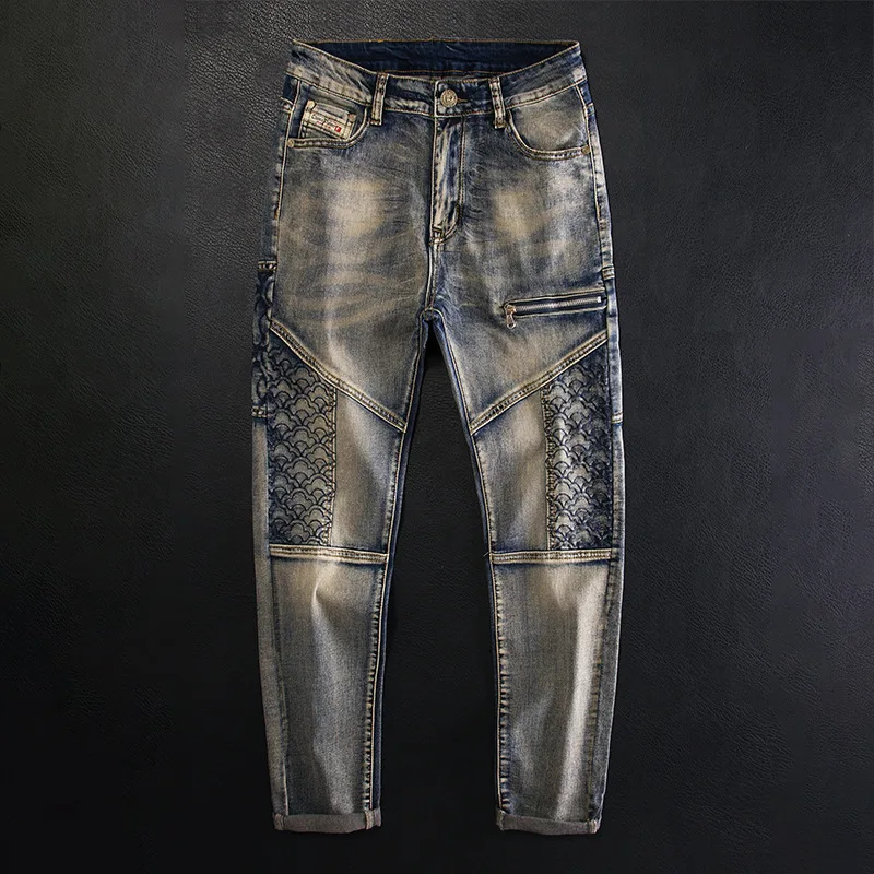 

2025 Spring Summer Retro Nostalgic Patchwork Embroidered Motorcycle Jeans Men's Slim Fit Stretch Trendy Stylish Pants