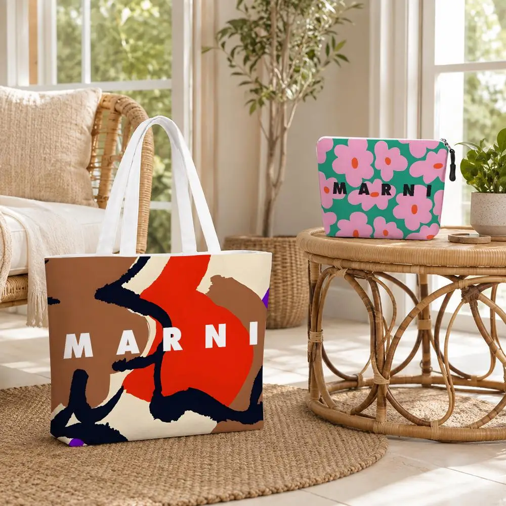 Luxury Fashion M-MARNI Storage Bags 2-Piece Canvas Tote Bag Set Double-Sided Print with Zipper Pouch Travel Gift for Women