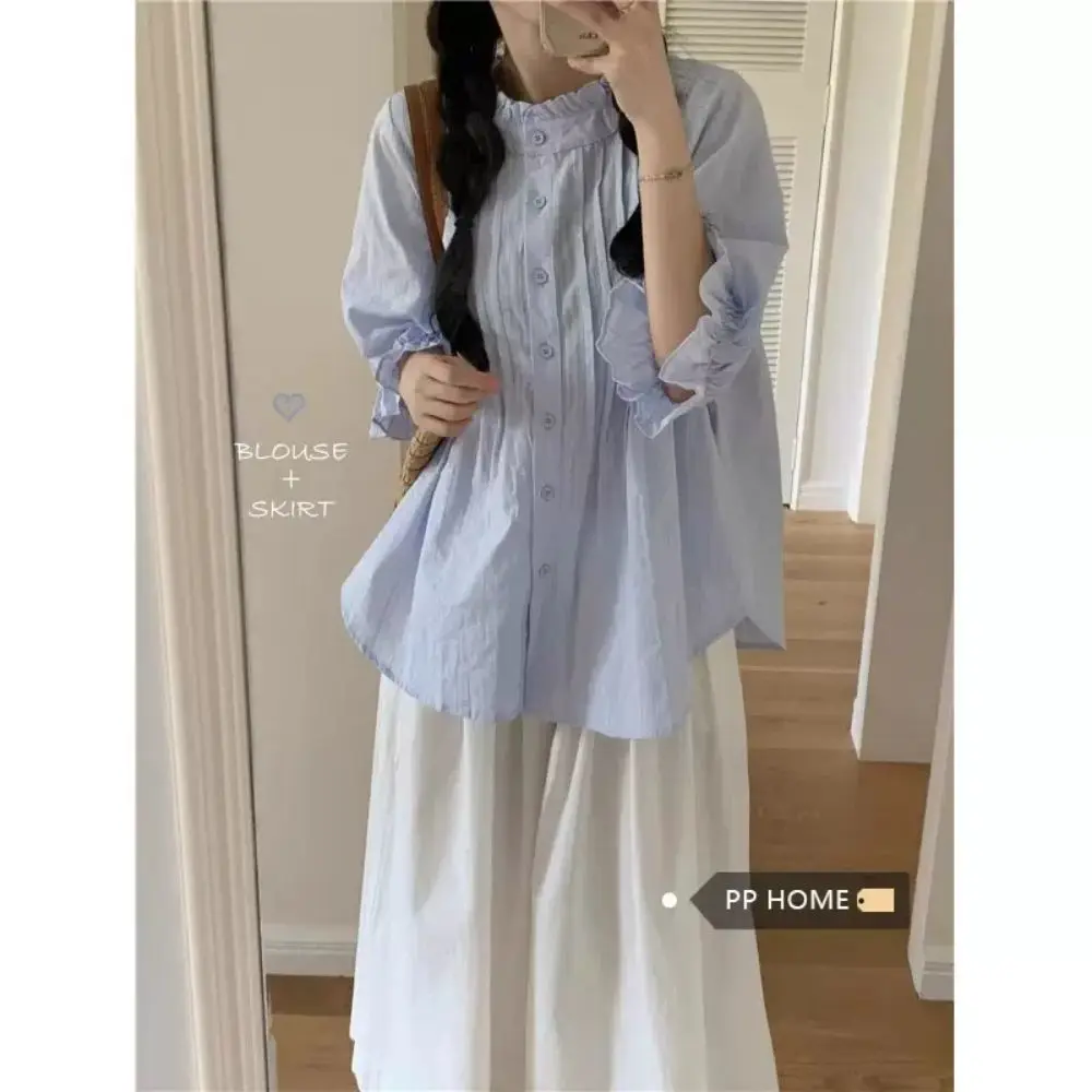 

Short Sleeve Shirts Womens Jacquard Patchwork Pintuck Cropped Ins Style Artistic Preppy Urban Student Youthful Blogger Fashion