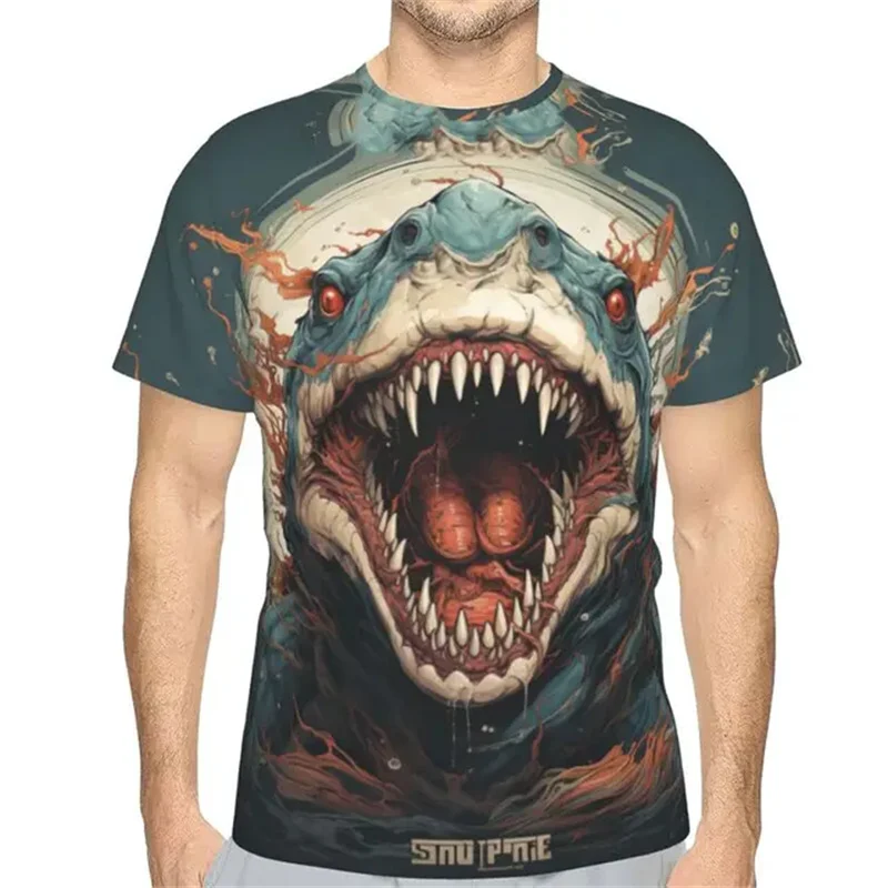 Men\'s Shark Pattern Animal Printed T-shirt Loose And Comfortable Breathable O-neck Cool Casual Quick Drying Men\'s Clothing