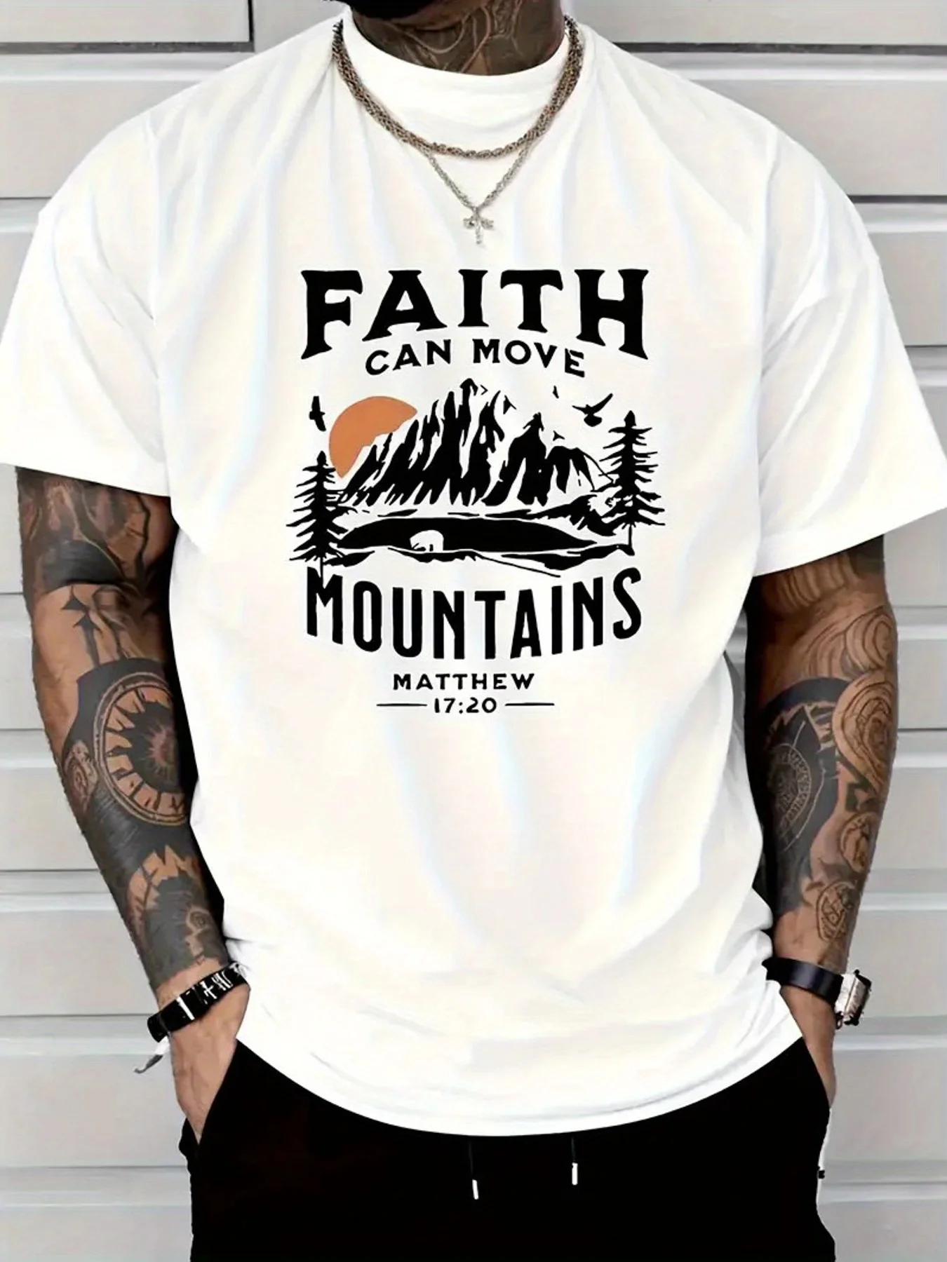 

Faith Can Move Mountains Men s 100% Cotton T-Shirt - Inspirational Biblical Print Round Neck Short Sleeve Casual Tee