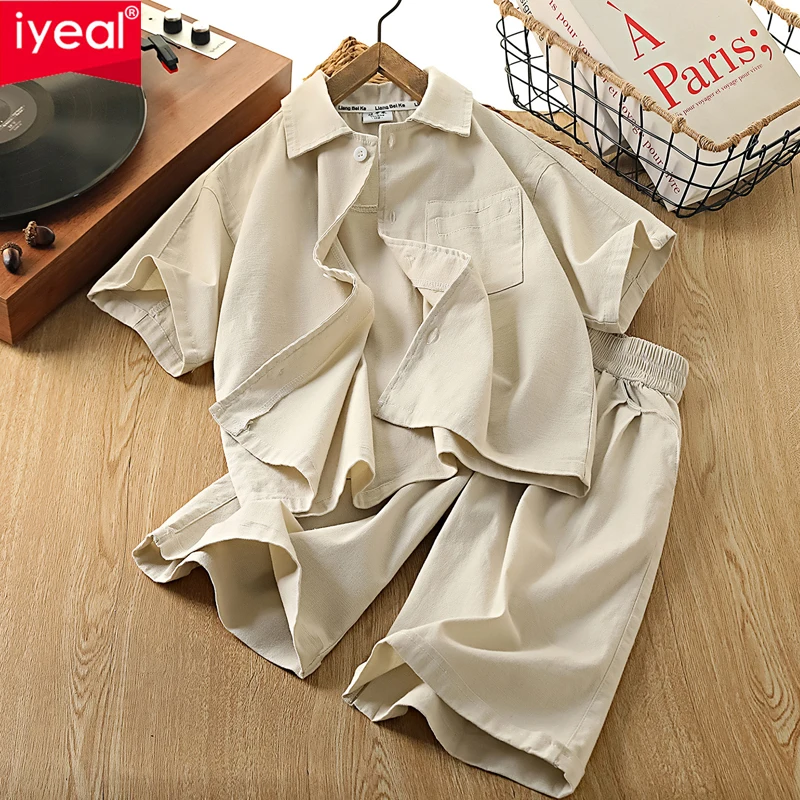 IYEAL Boys' Summer Short Sleeved Shirt Set 2026 New Children's Pure Cotton Set Boys' Shirt+Shorts Two-Piece Set