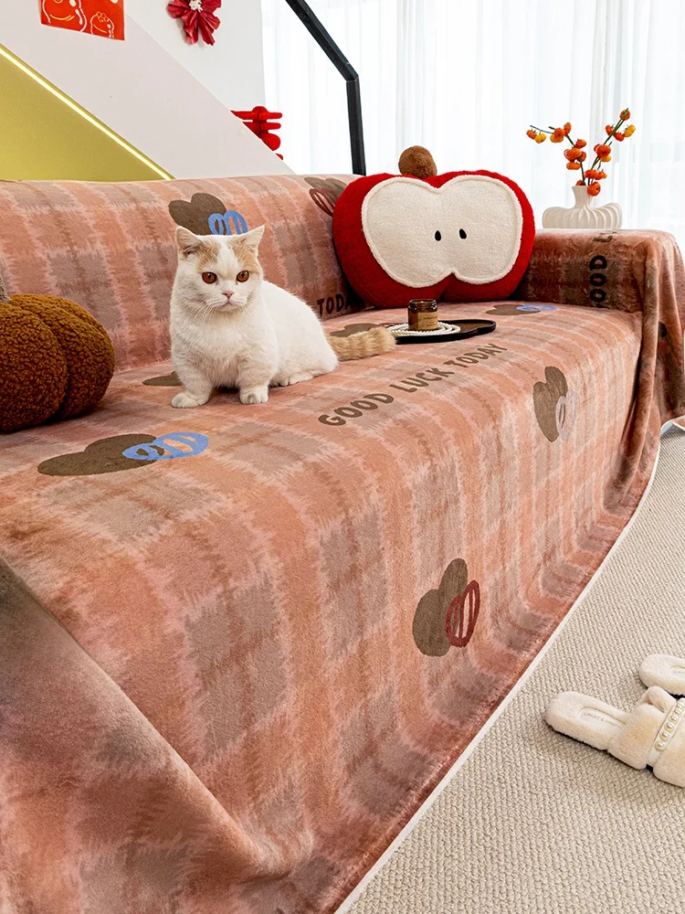 

New Year 2026 Thickened Milk Velvet Sofa Cover Cloth Whole Blanket Winter Warm Plush Cushion Cartoon Style Universal
