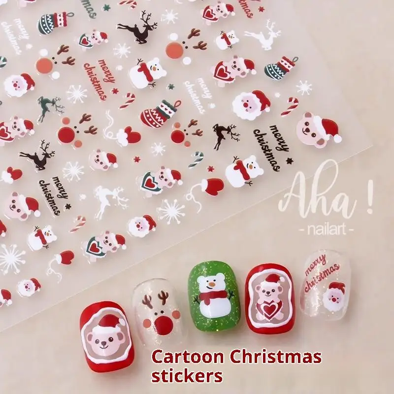 

Christmas Nail Art Stickers Cartoon Santa Claus Snowman Snowflake Embossed Pattern Nail Sticker Nail Decals Manicure Decorations