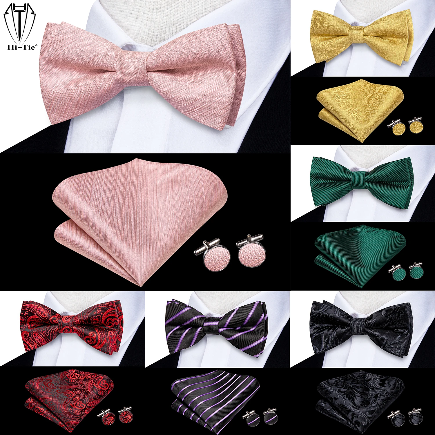 Hi-Tie Seide Jungen Fliege Taschentuch Manschetten knöpfe Set vor gebundene Schmetterling Knoten Fliege für Kinder Teenager Roségold grün schwarz