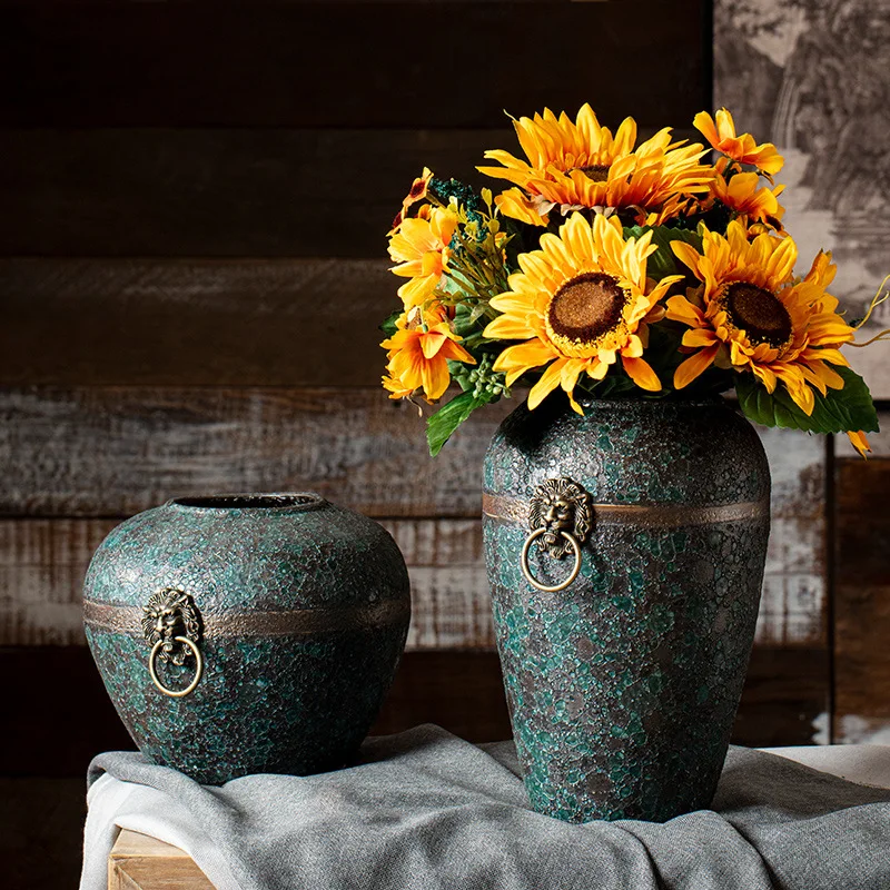 New retro vintage foyer living room home decor with dried flowers and water cured ceramic vases
