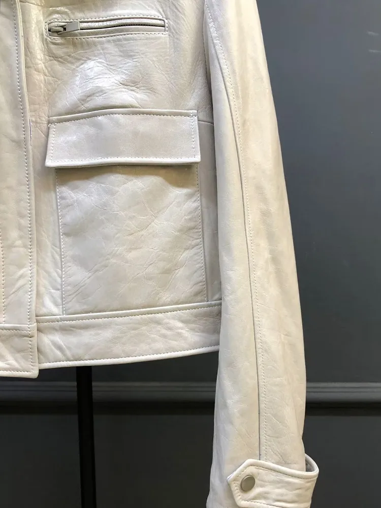 Damska kurtka biurowa ze skóry owczej, jednolity kolor, kołnierz, luźny krój, kieszenie, zamek błyskawiczny, długi rękaw, styl retro, odzież wierzchnia.