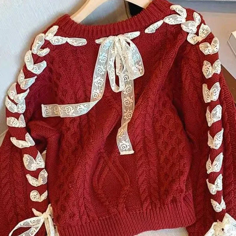 Autumn Winter New Christmas Red Knitting Sweater Women Clothes Fashion Patchwork Lacing Bow O-neck Long Sleeve Pullovers Femme