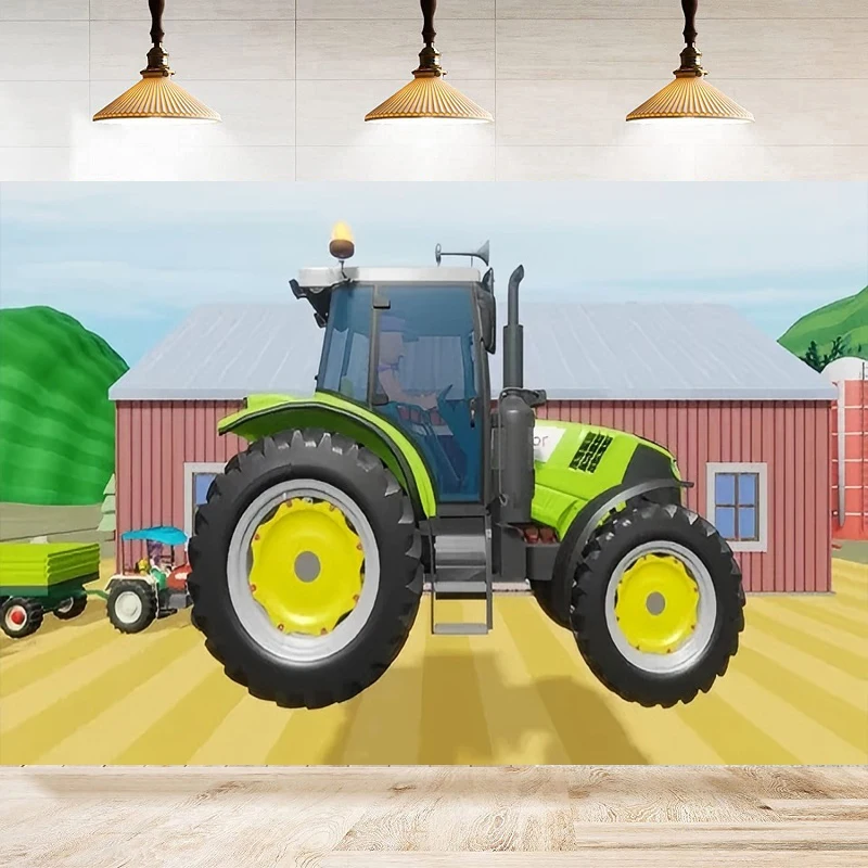 Photography Backdrop Farmyard Green Grass Tractor Balloons And Flags Banner Happy Birthday Party Decor Interior Background