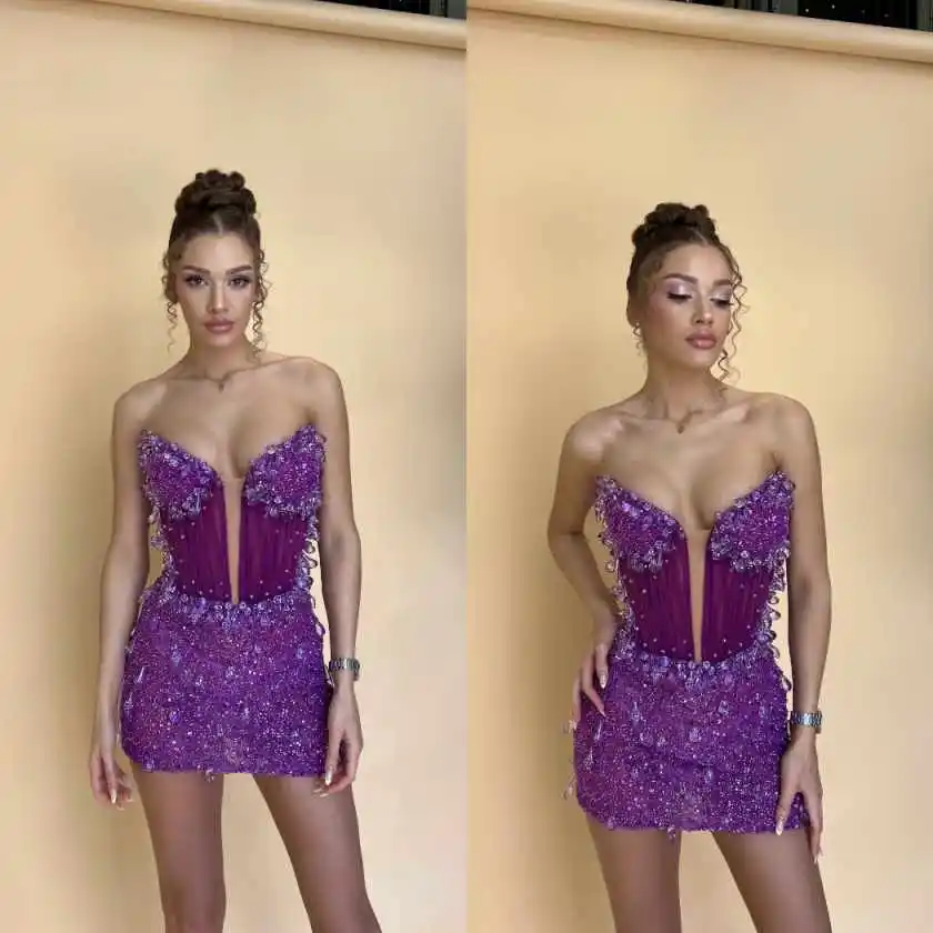Glitzerndes lila Partykleid, sexy ärmellose Cocktailkleider, Damen-Abendkleider für besondere Anlässe, maßgeschneiderte Abendkleider