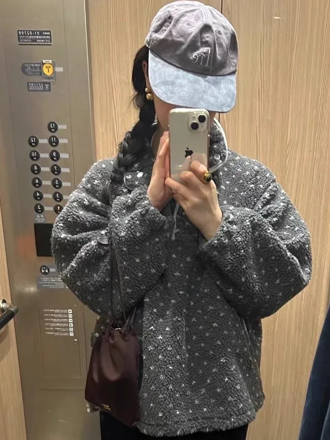 هودي نسائي فضفاض بأكمام طويلة من الصوف المنقط، ملابس خارجية مريحة بتصميم فضفاض، إصدار جديد لخريف وشتاء