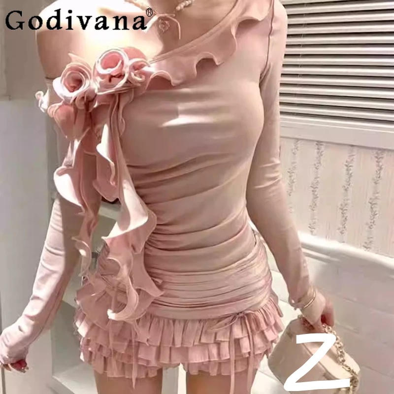 

Весенне-осенний топ из двух частей с тонкими наклонными плечами и милыми оборками, топ в стиле Лолиты с длинными рукавами, сексуальная розовая юбка с высокой талией, уменьшающая возраст, юбка-тортик