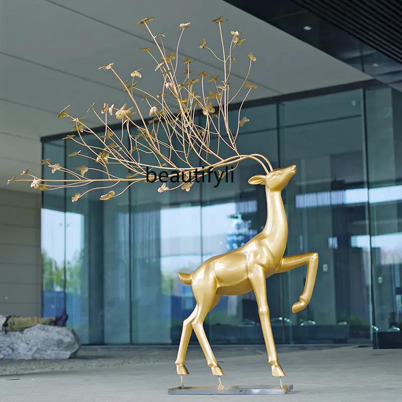 LBX Abstract Deer Sculpture FRP Garden Landscape Golden Sika Deer Decorative Lawn Floor Animal Ornaments