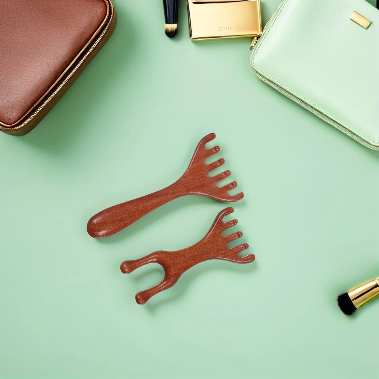 2개입 천연 나무 두피 마사지 빗 인체공학적 디자인 얼굴 및 목 이완 다기능 도구 파이브터치 테라피 빗