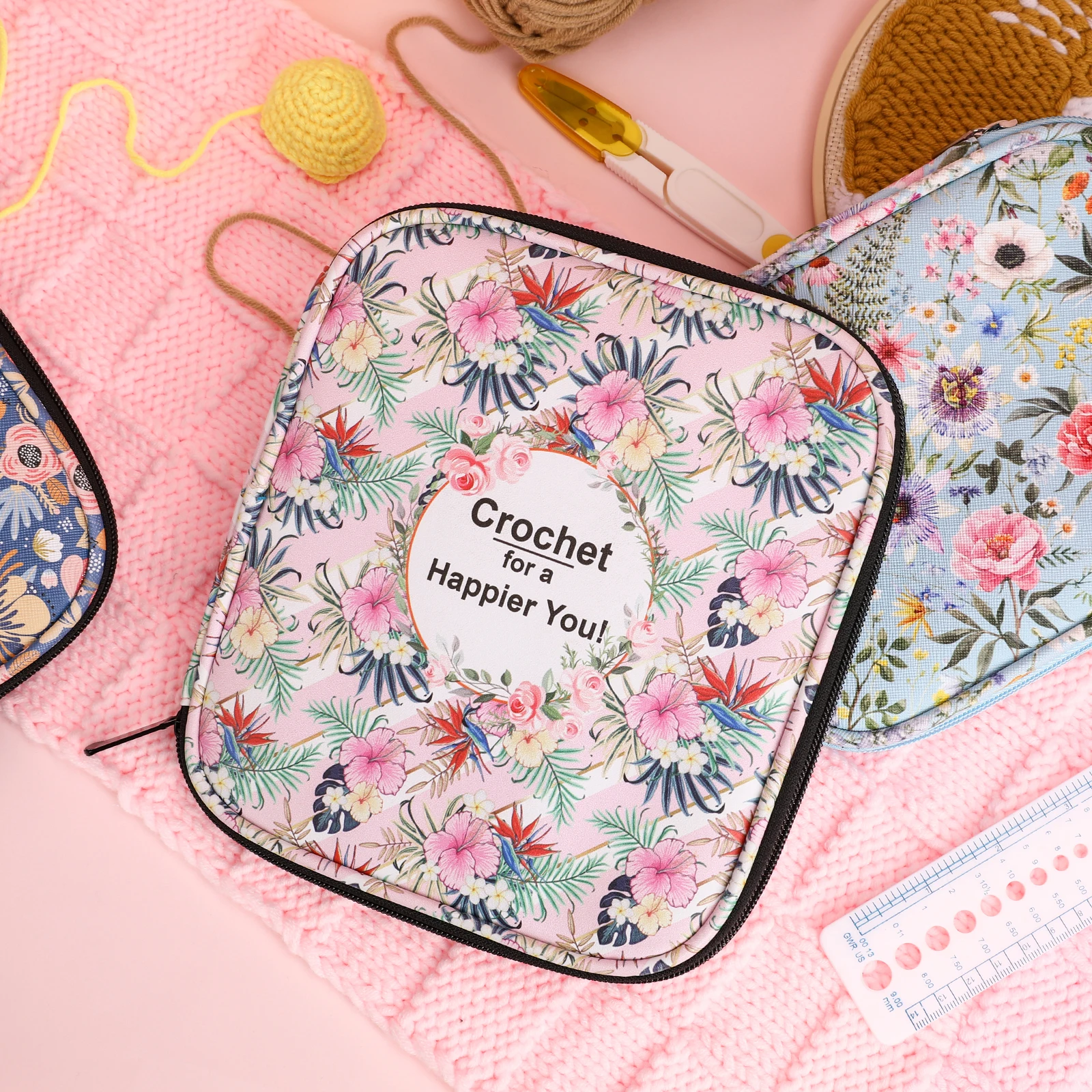 Portable Floral Hand Knitting Kit Crochet Hook Zip Waterproof Storage Bag DIY Printing Storage Bag Jumper Needle Set Storage Bag