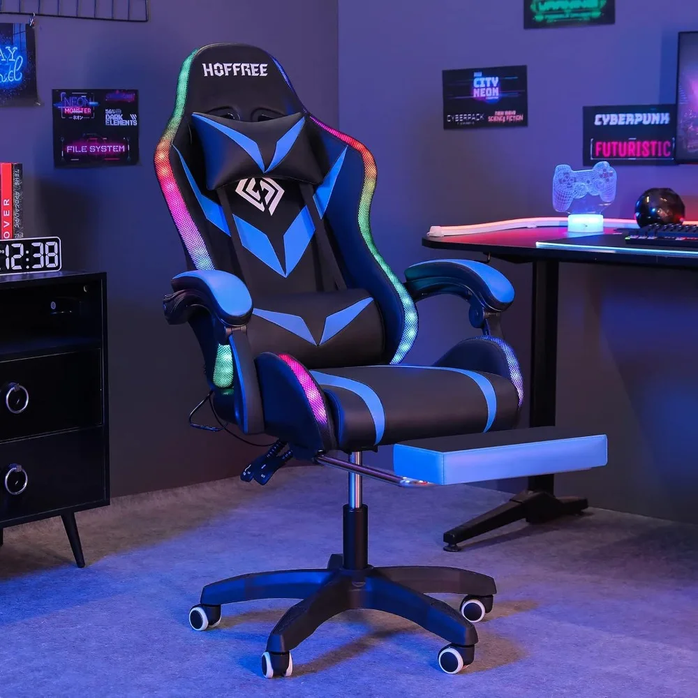 Gaming Chair with Bluetooth Speakers and RGB LED Lights Ergonomic Massage Computer Gaming Chair with Footrest Video Game Chair