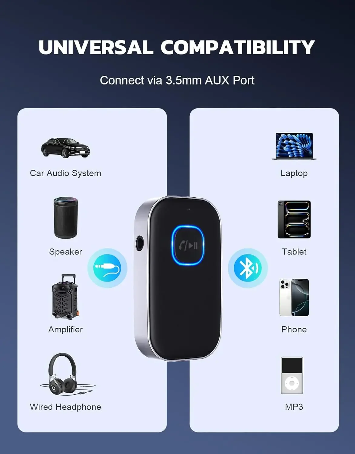 In-Car Bluetooth Receiver, Noise Canceling 3.5mm Wired Headset Receiver, Hands-Free Calling,16 Hour Battery car accessories