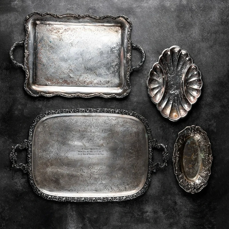 10.4 Western-style VINTAGE Silver-plated Dinner Plate, Home Old Objects Decoration Leaves Plates One Only