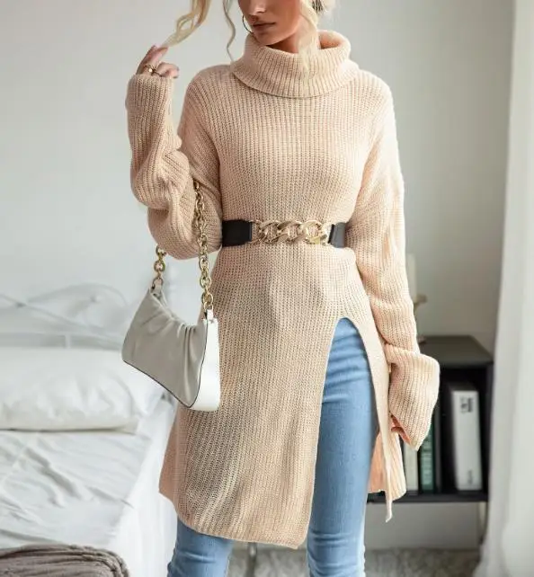 

2025 Autumn/Winter New Women's Fashion Casual Lazy Mid Split High Collar Solid Color Sweater Women's Wear