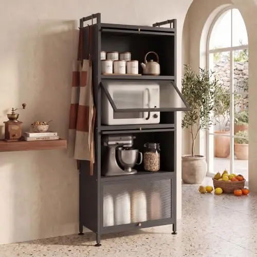 5-Tier Kitchen Storage Cabinet,Freestanding Baker’s Rack with 4 Rolling Casters, Mobile Microwave Stand with Double