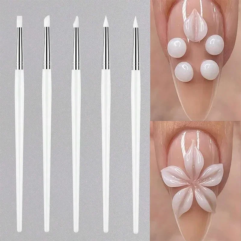 5Pcs/set Silicone Nail Brush UV Gel Polish Tip 3D Image DIY Dotting Polish Brushes Pen Professional DIY Manicure Tools