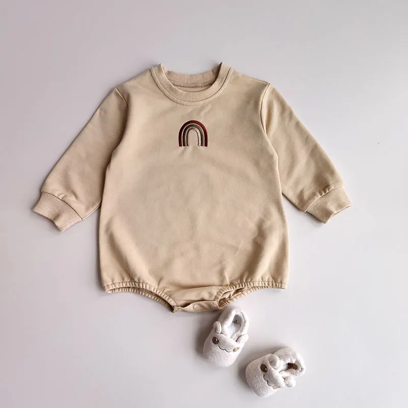 Spring and Autumn Baby Girl One-piece Long Sleeve Tights Embroidery Rainbow Pattern Cotton Newborn Baby Boy Jumpsuit Direct Sale