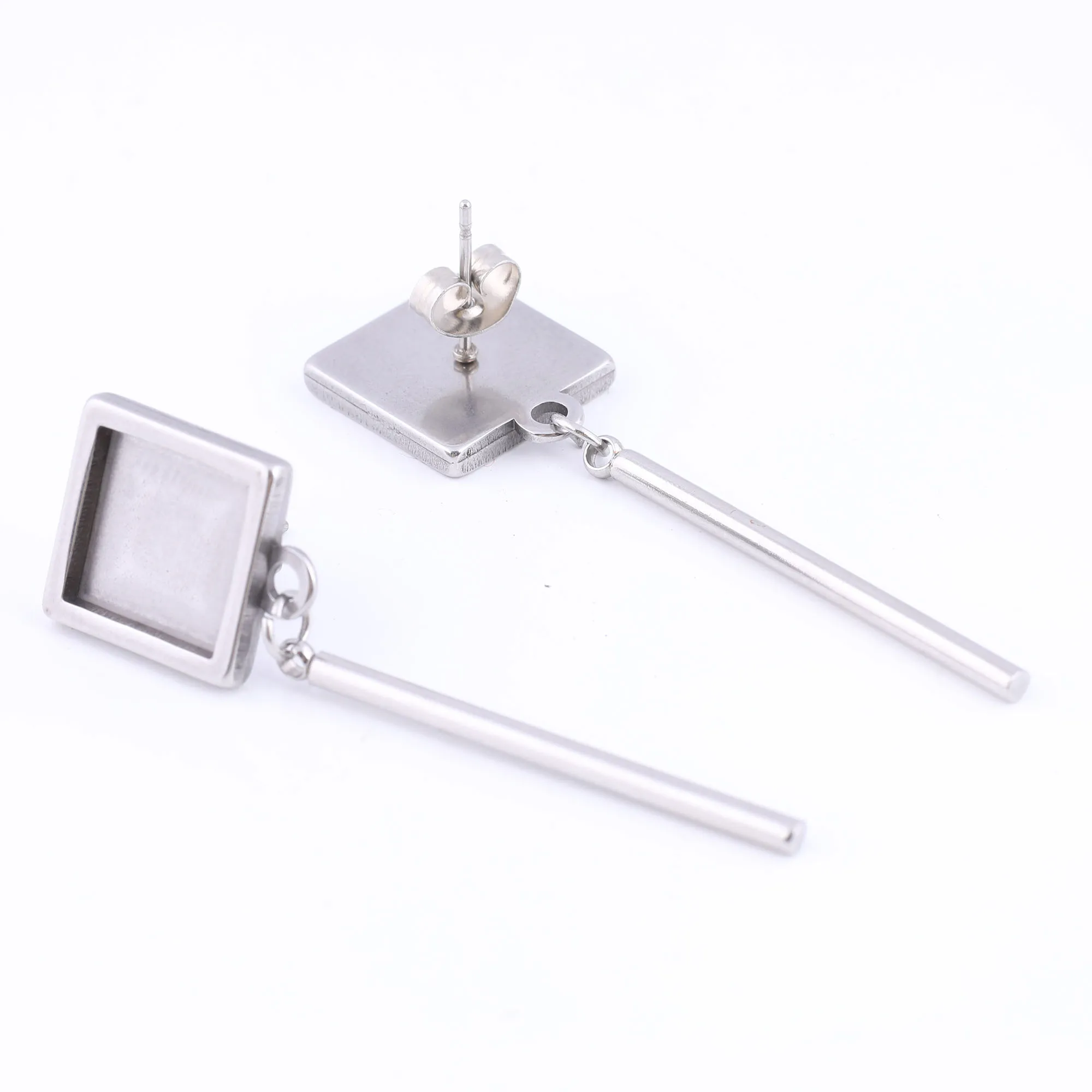 Praça Cabochon Brinco Stud Base Configurações, aço inoxidável Tassel Charms, brincos DIY, fazendo materiais, se Fits 10mm, 6Pcs