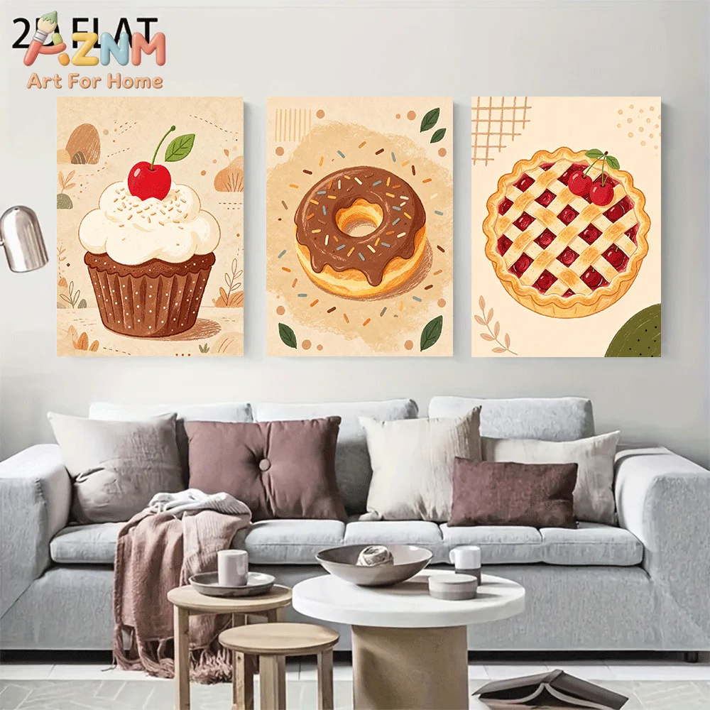 AZNM Frameless Canvas Wall Art, Cute Cupcake Donut Cherry Pie Print, Sweet Dessert Hand Drawn Food Art Wall Decor for Kitchen Li