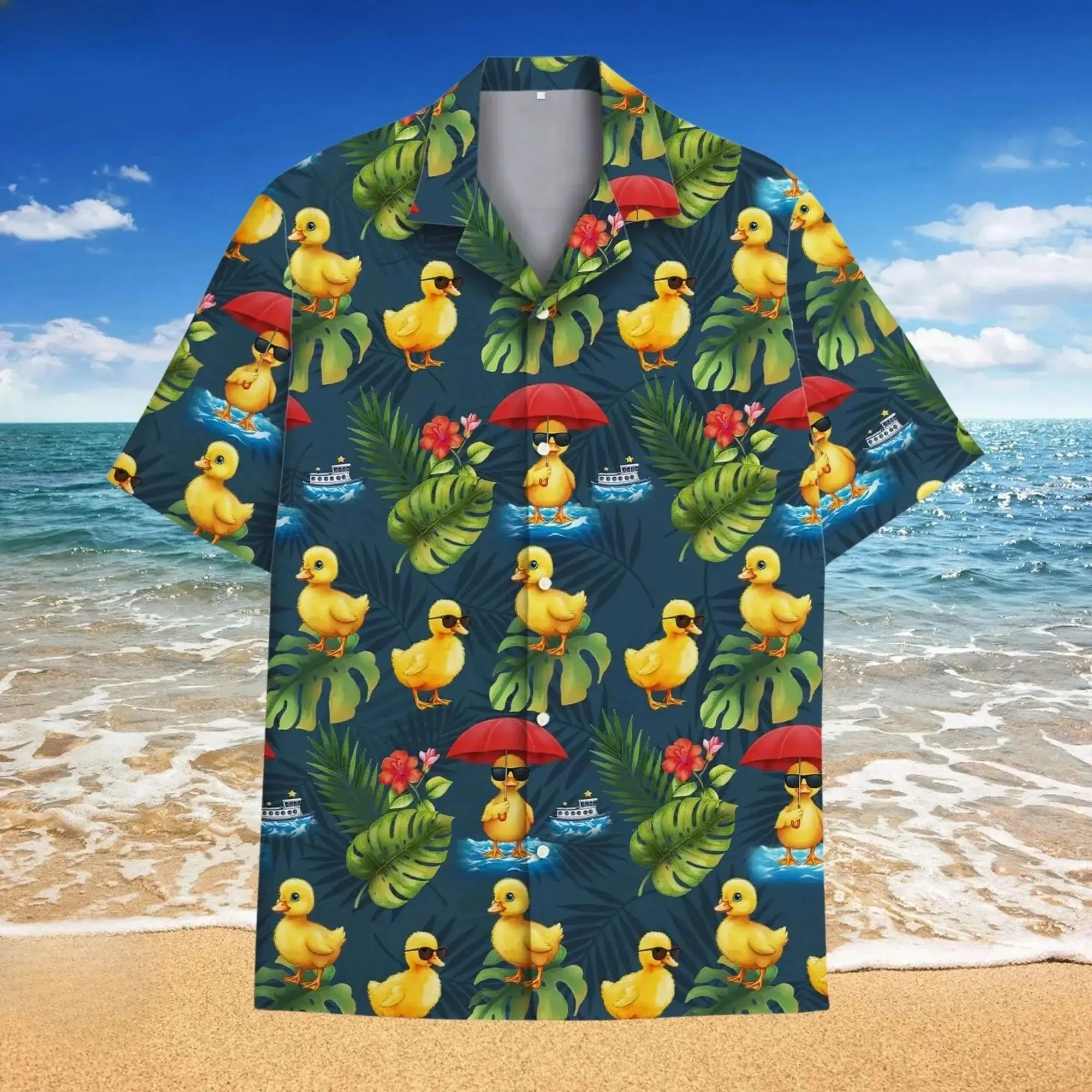 Family‑Matching Men's Short‑Sleeve Button‑Down Hawaiian Shirt, Fun Rubber Duck Print Casual Camp Collar Vacation Top for Women