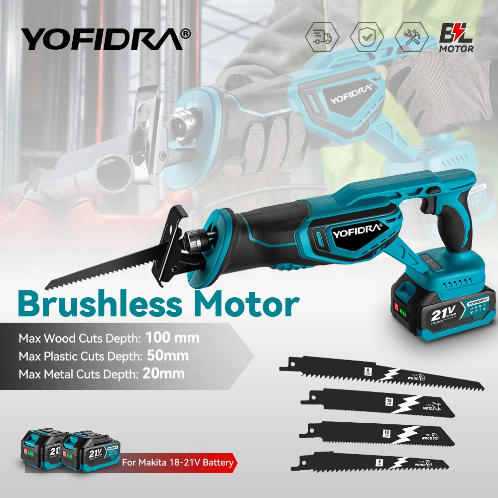 YOFIDRA 3000W Bürstenlose Säbelsäge, Multifunktions-Metall- und Holzschneidewerkzeug für Makita 21V Akku