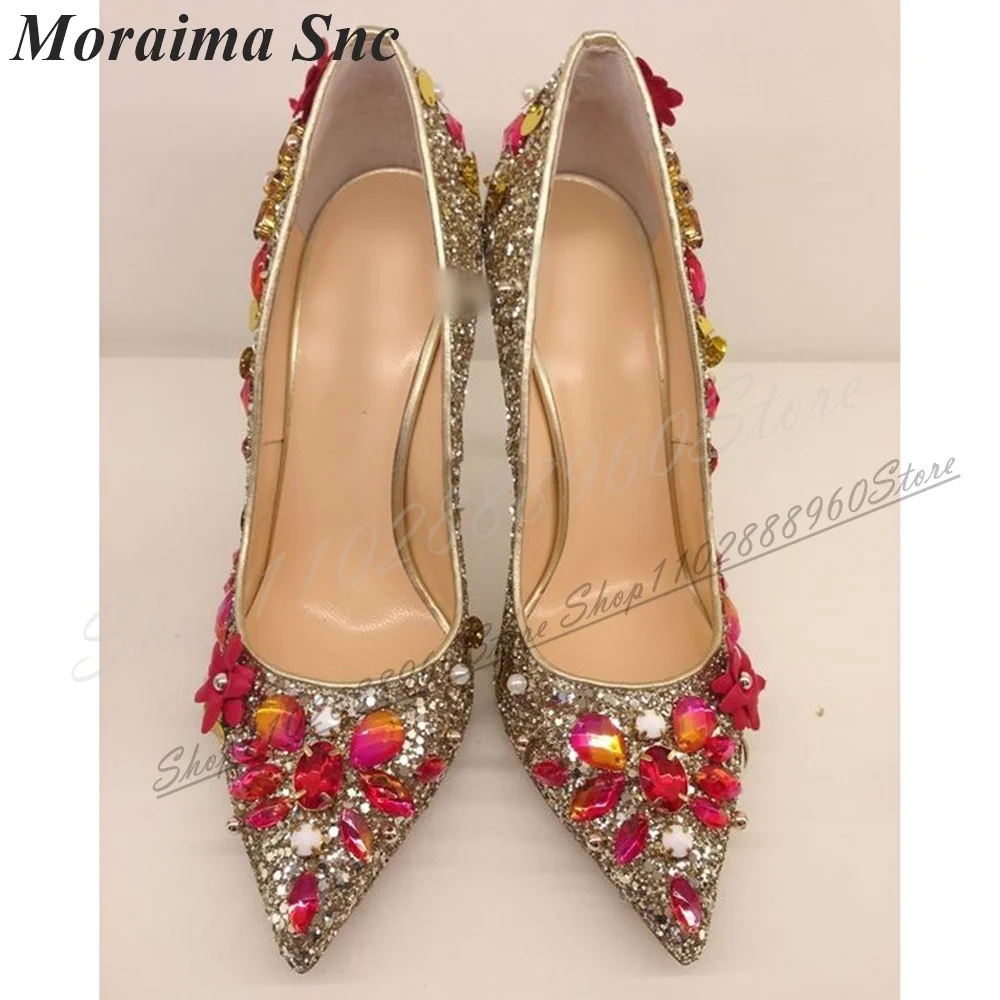 Mixed Sparkling Crystal Decor Wedding Pumps Thin High Heel Women Shoes Slip On Pointed Toe 2024 Fashionable Zapatos Para Mujere