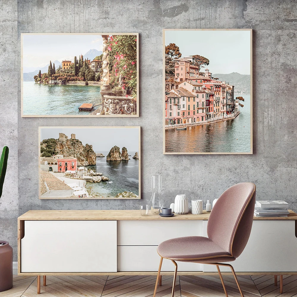 قماش اللوحة المدينة الساحلية العمارة الفن الكنيسة شاطئ جزيرة الملصقات يطبع جدار صورة فنية غرفة المعيشة ديكور جدران المنزل