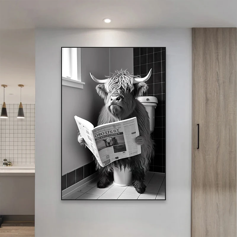 Funny Bathroom Humorous Animal Wall Decor Bear Dog Tiger Sitting on Toilet Reading Newspaper Poster Art Print Canvas Painting