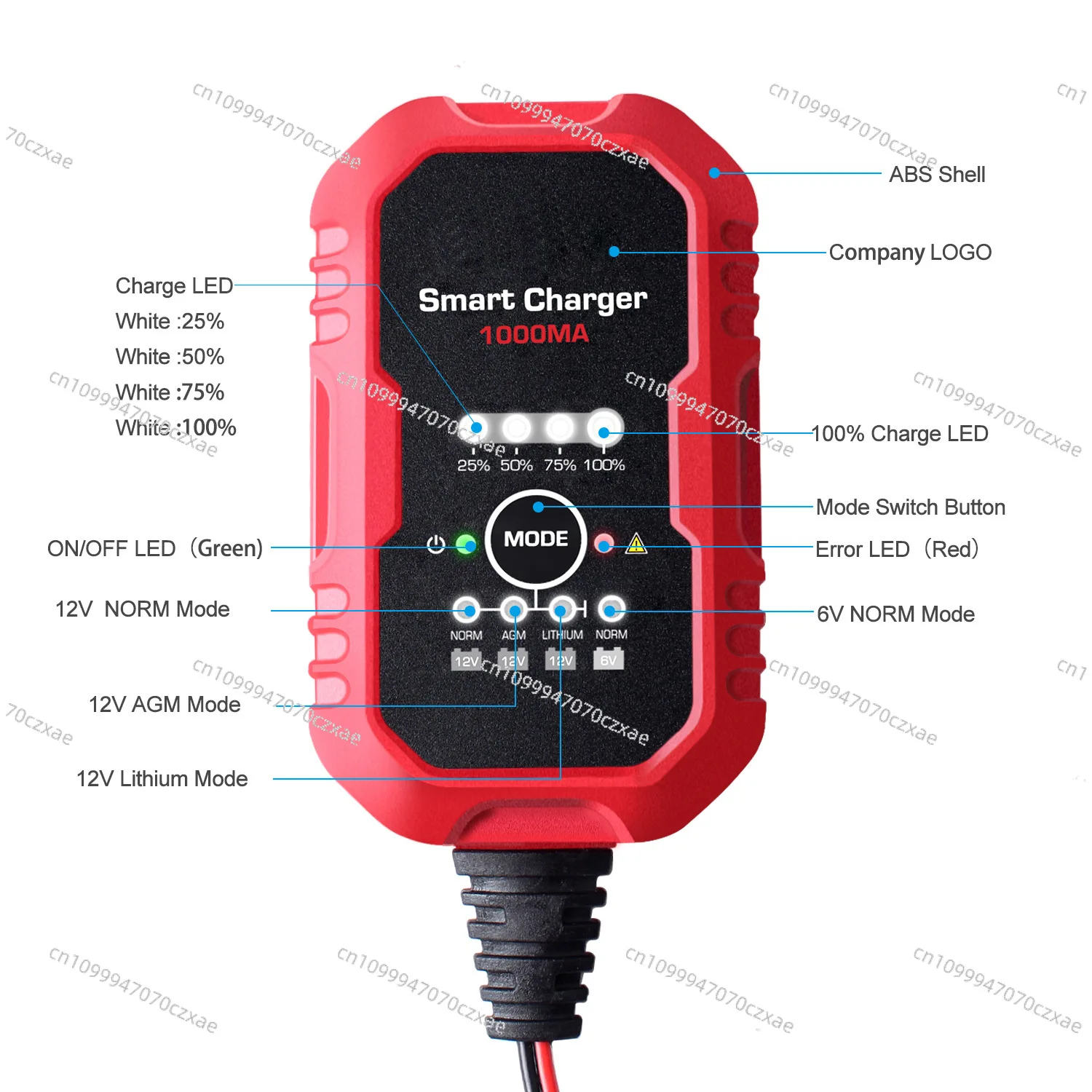 1000mA Car Battery Charger Intelligent Three-stage, IP60 Waterproof Car Battery Charger