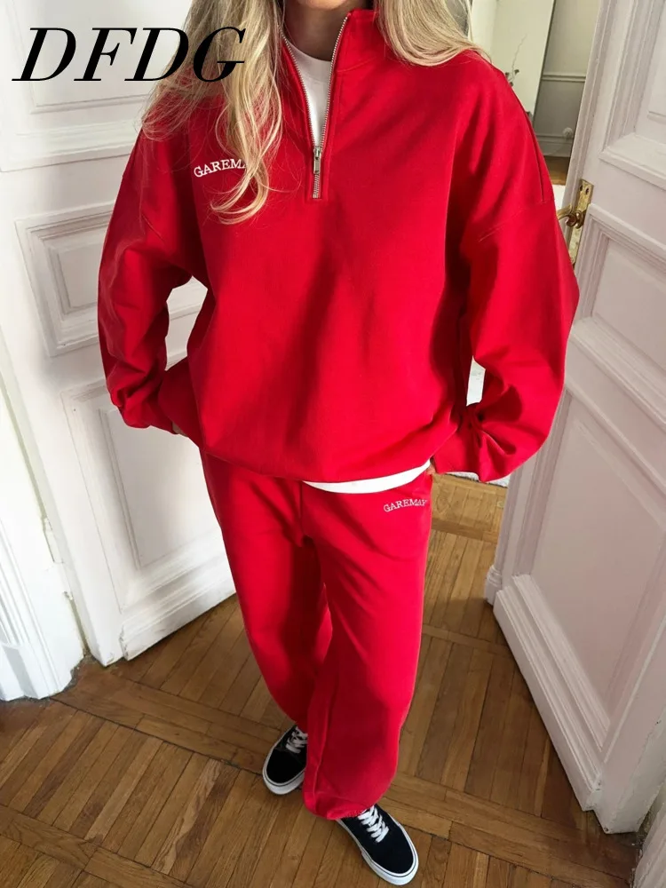 

DFDG Women 2026 Spring Summer Loungewear Set Half Zip Sweatshirt Embroidered Detail Jogger Pants Casual Comfort Streetwear Set
