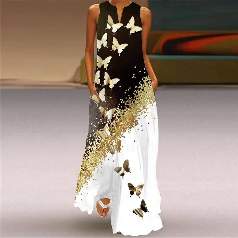 Vrouwen Print Jurken V-hals Mouwloos Gesplitste Zakken Vloerlengte Jurk Een Lijn Dame Casual Vestidos Maxi Strand Zomer 2025,