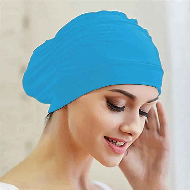 Bademütze für Damen, Unisex, Mädchen, langes Haar, Badekappe, Badekappe, Stretch, drapiert, freie Größe, Schwimmbad, Sport, elastischer Nylon-Turban – Detail 5
