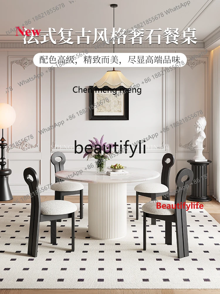 A32 Natural Marble Round Dining Table Rose Rainbow French Pink Diamond Luxury Stone Table and Chair Set