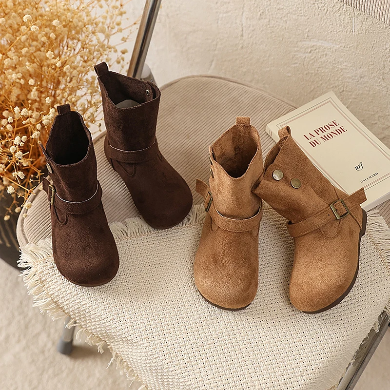 Kids Western Cowboy Boots Girls Retro Suede Mid Calf Boots Soft Sole Non-slip Children Fashion Leather Boots Autumn Winter