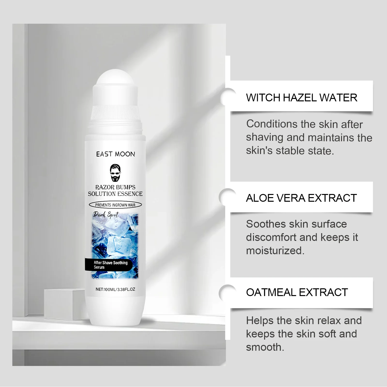 Essência de cuidados pós-barba masculina nutre e refresca a pele após a barbear para um acabamento hidratado confortável