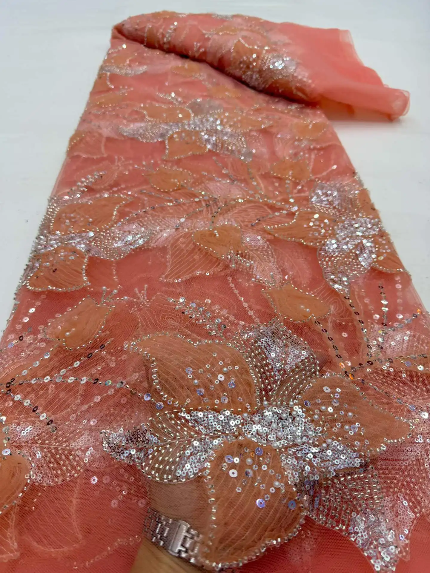 

2026 New Design African Beaded Lace Fabric High Quality French Tulle Lace Fabric 5 Yards Nigerian Sequins Fabric for Party Dress
